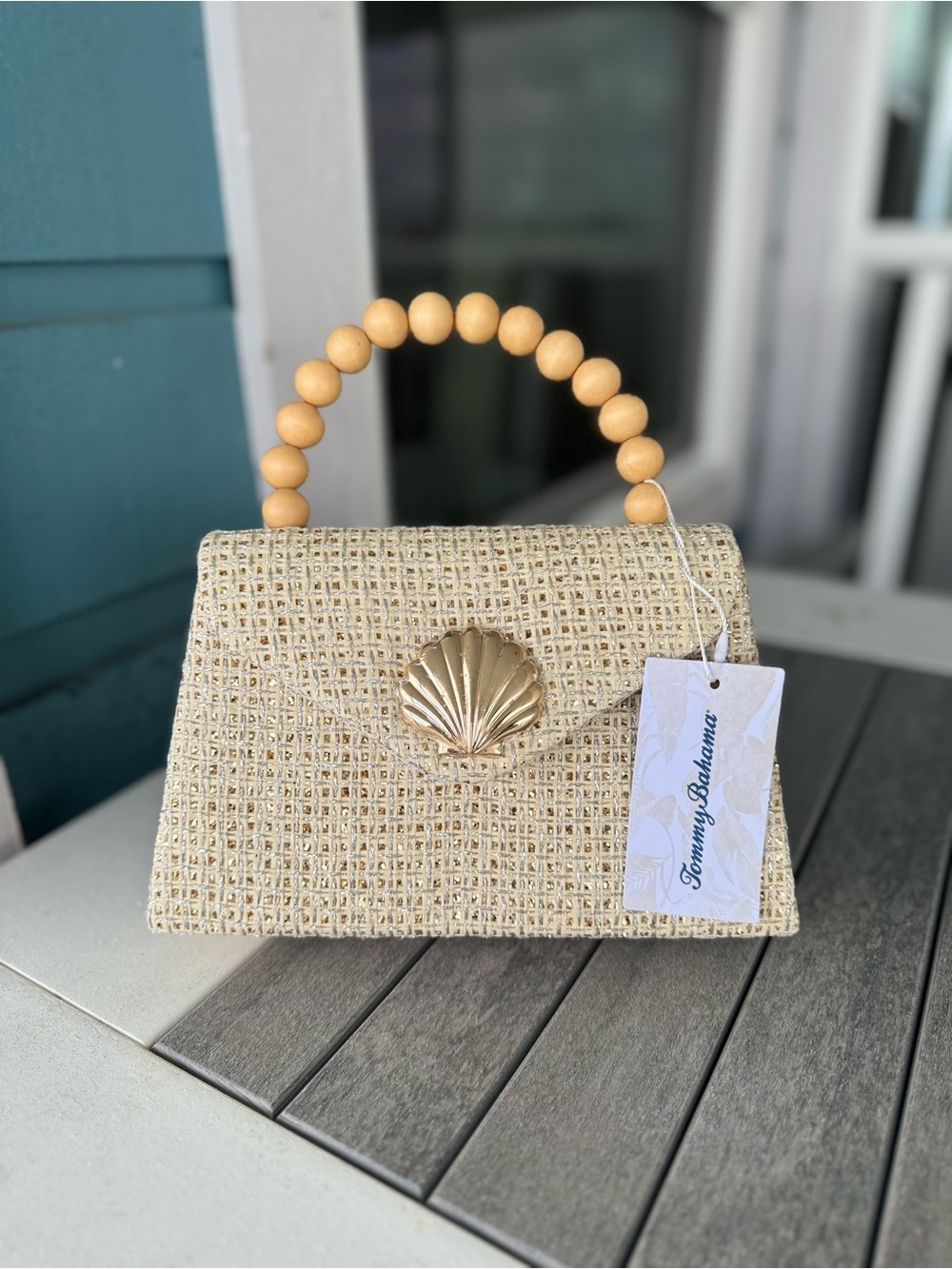 Tommy Bahama Natural Woven Top Handle Bag with Gold Shell
